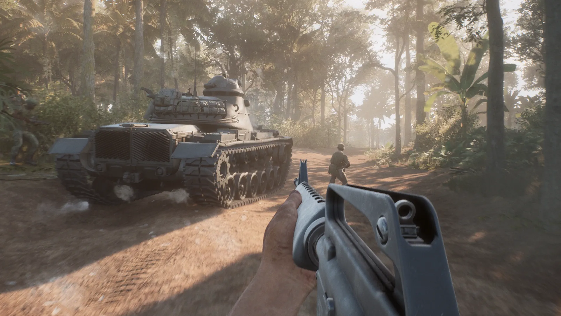 A tank and infantry moving along a jungle road in Hell Let Loose: Vietnam